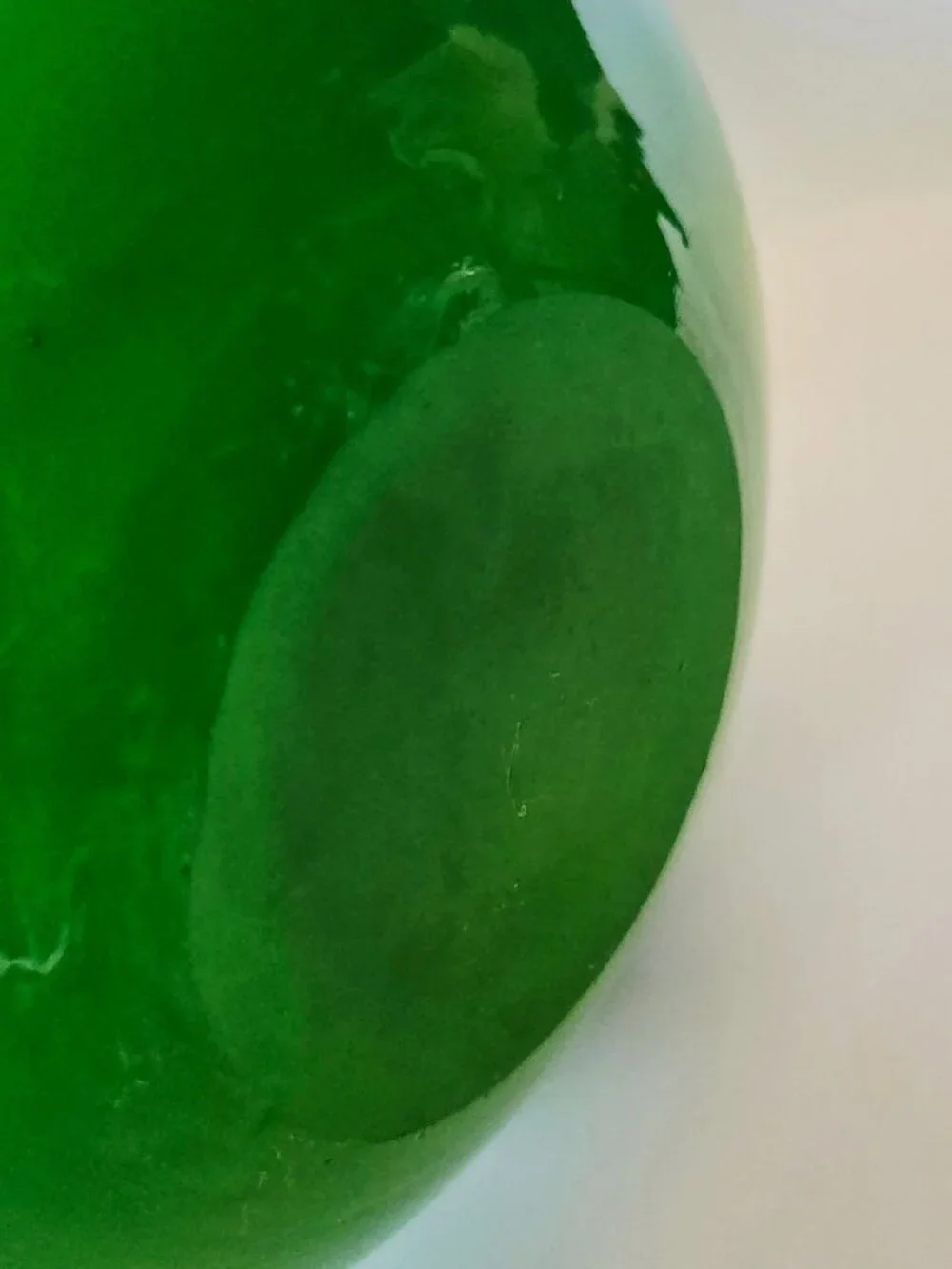 Large Hand-Blown Green Glass Vase With Yellow Flower Rose Accent & Ruffled Rim
